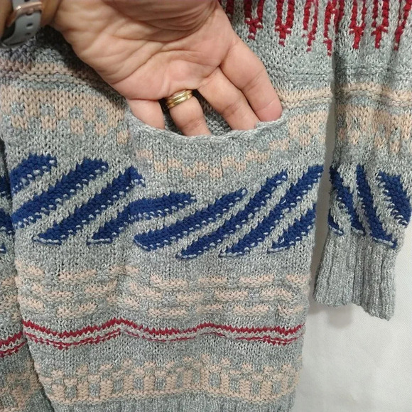 American Eagle Open Cardigan Sweater Fringe Women Size S Blue Grey Red Long Slv - Picture 3 of 6